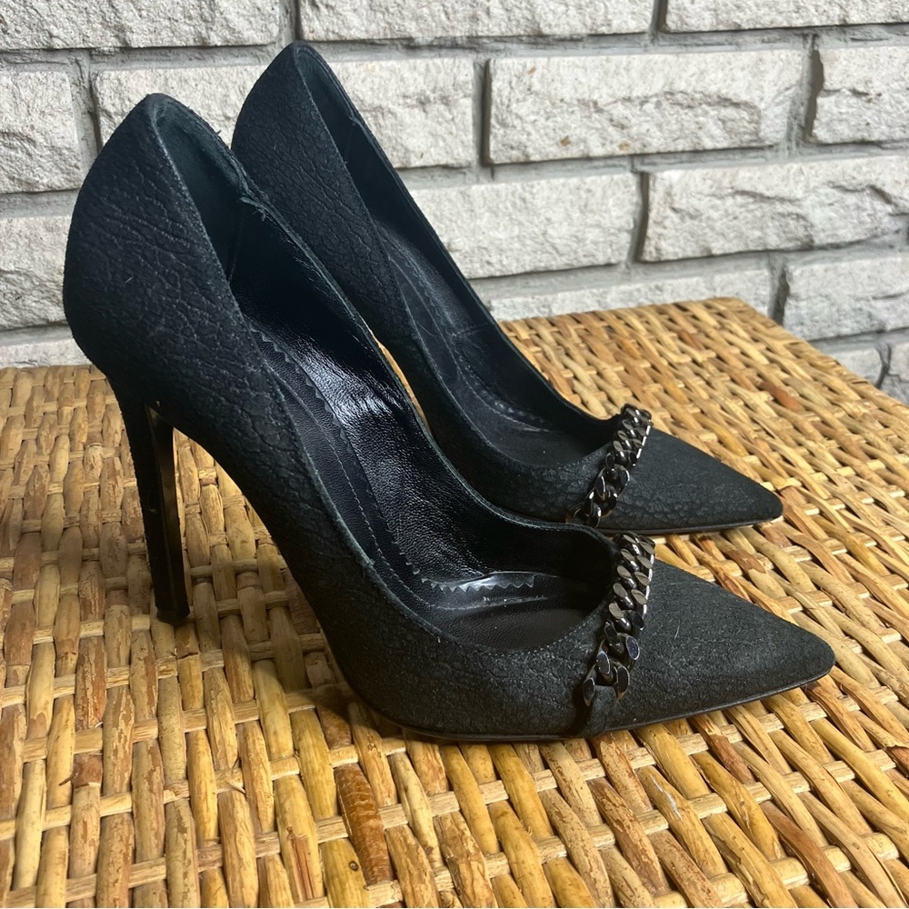 All Saints Black Pointed Toe Chain Accent Stiletto Heels